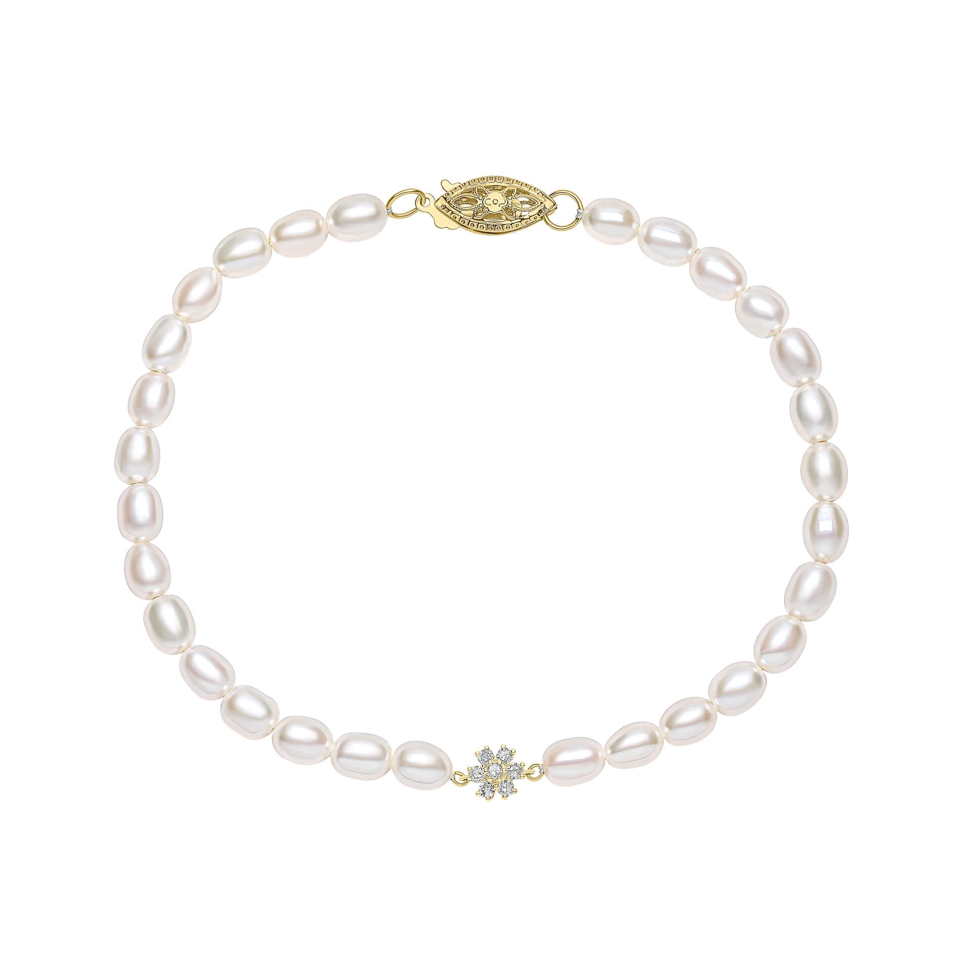 Seed Pearl and Flower Gold bracelet on white background