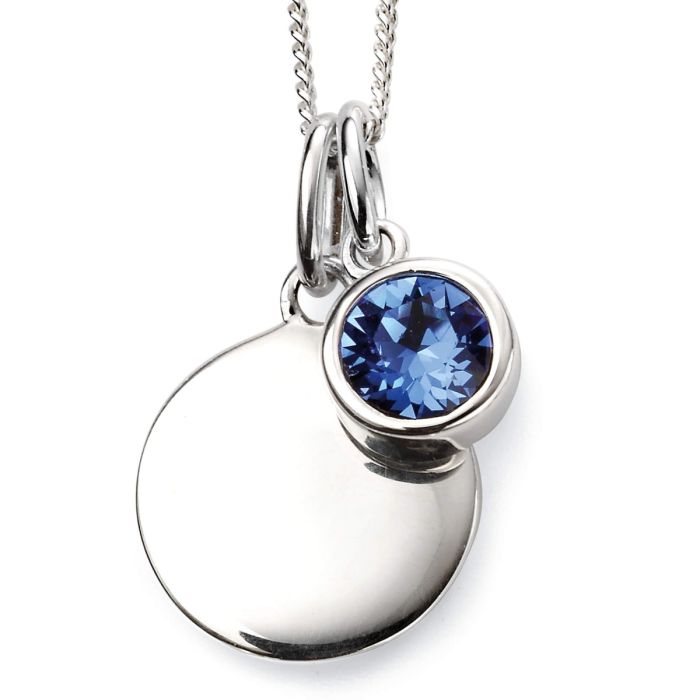 Close-up of September Birthstone Necklace with Engravable Disc in Sterling Silver, elegant pendant on a white background, perfect personalized gift for September birthdays.