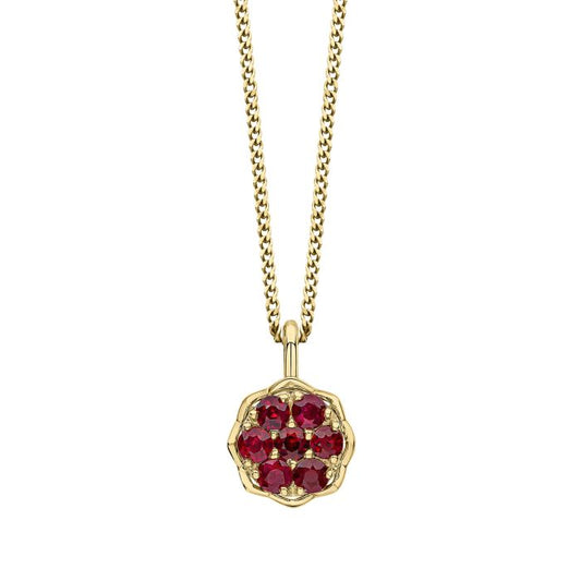 Seven Stone Ruby Cluster Gold Pendant Necklace