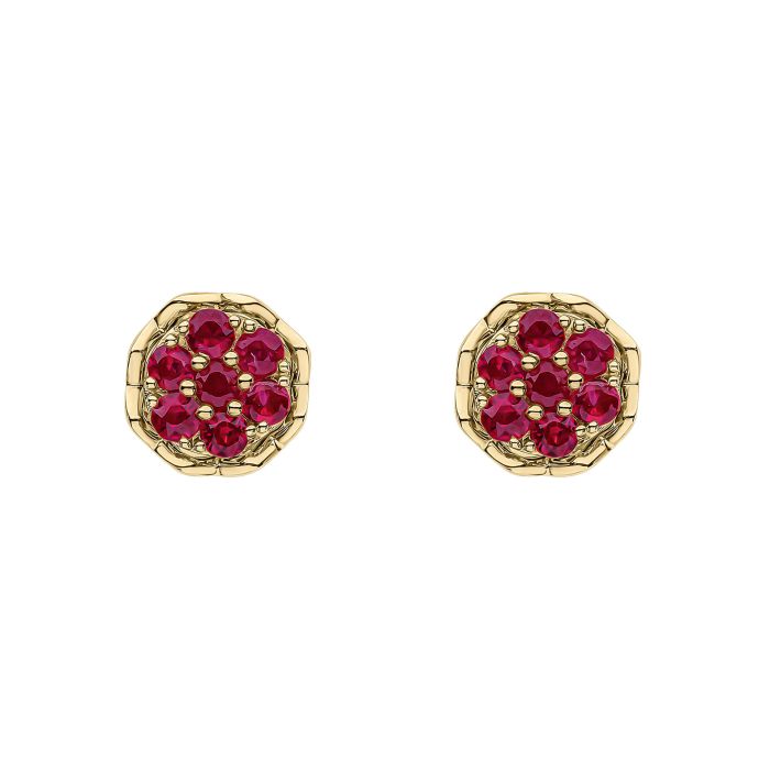 Seven Stone Ruby Cluster Earrings in 9ct Gold ge2462r on a white background, featuring a stunning cluster of seven vibrant rubies set in polished 9ct gold, perfect for adding elegance and a pop of color to any jewelry collection.