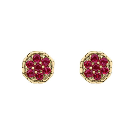 Seven Stone Ruby Cluster Earrings in 9ct Gold ge2462r on a white background, featuring a stunning cluster of seven vibrant rubies set in polished 9ct gold, perfect for adding elegance and a pop of color to any jewelry collection.