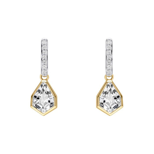 Shield Cut Topaz Drop Earrings in 9ct Gold ge2482c on a white background, featuring striking shield-cut blue topaz gemstones set in polished 9ct gold, perfect for adding elegance and sophistication to any jewelry collection.