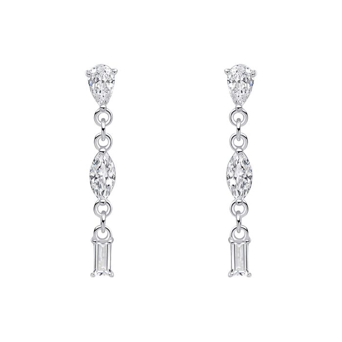 Pair of silver Mixed Shapes Long Drop Earrings  earrings with clear gemstones on a white background