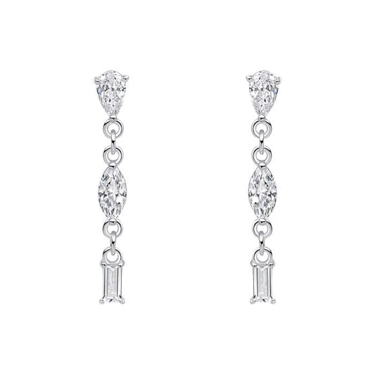 Pair of silver Mixed Shapes Long Drop Earrings  earrings with clear gemstones on a white background