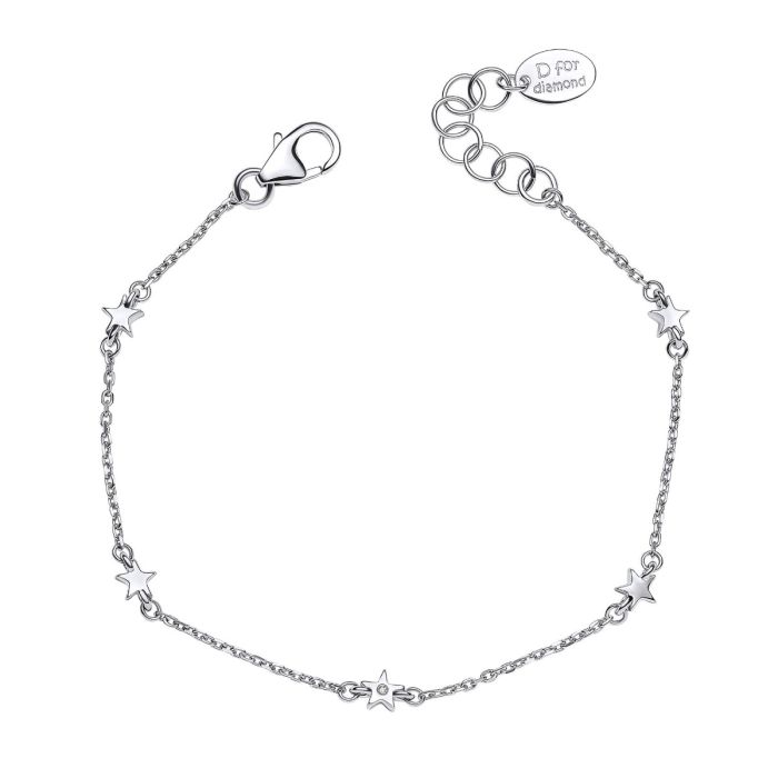 Silver Star Station Bracelet with Diamond b5543 on a white background, featuring a delicate star-themed design with sparkling diamond accents set in polished silver, perfect as a timeless and elegant jewelry piece for any collection.