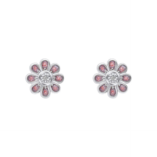 Silver and pink flower stud earrings for children, girls, and babies s9IMG_0028, featuring a delicate floral design with a polished silver finish and soft pink enamel accents, perfect for adding charm and elegance to a young jewelry collection.
