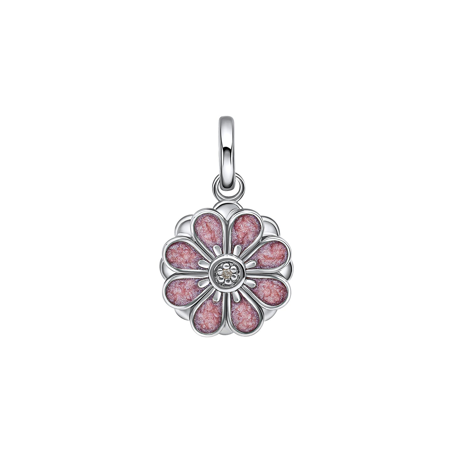 Silver and Pink Flower Pendant on its own with no chain on a white background, featuring a delicate floral design with a polished silver finish and soft pink enamel accents, perfect for adding charm and elegance to any young jewelry collection.