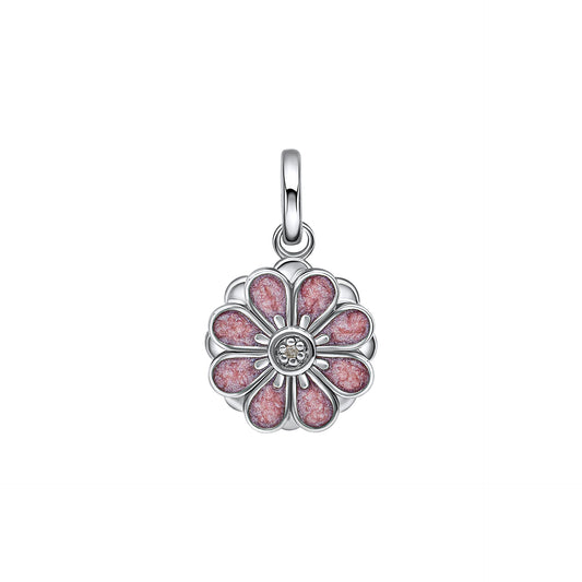Silver and Pink Flower Pendant on its own with no chain on a white background, featuring a delicate floral design with a polished silver finish and soft pink enamel accents, perfect for adding charm and elegance to any young jewelry collection.