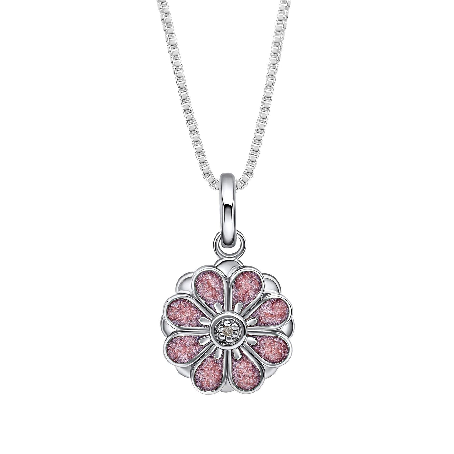 Silver and Pink Flower Pendant Necklace IMG_0025 on a white background, featuring a delicate floral design with a polished silver finish and soft pink enamel accents, perfect for adding charm and elegance to any young jewelry collection.