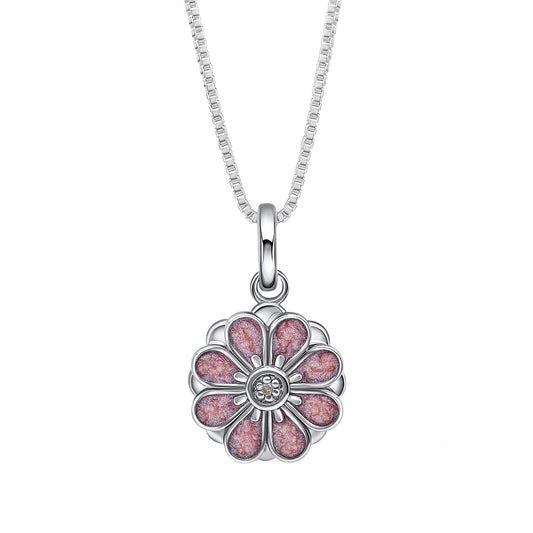Silver and Pink Flower Pendant Necklace IMG_0025 on a white background, featuring a delicate floral design with a polished silver finish and soft pink enamel accents, perfect for adding charm and elegance to any young jewelry collection.