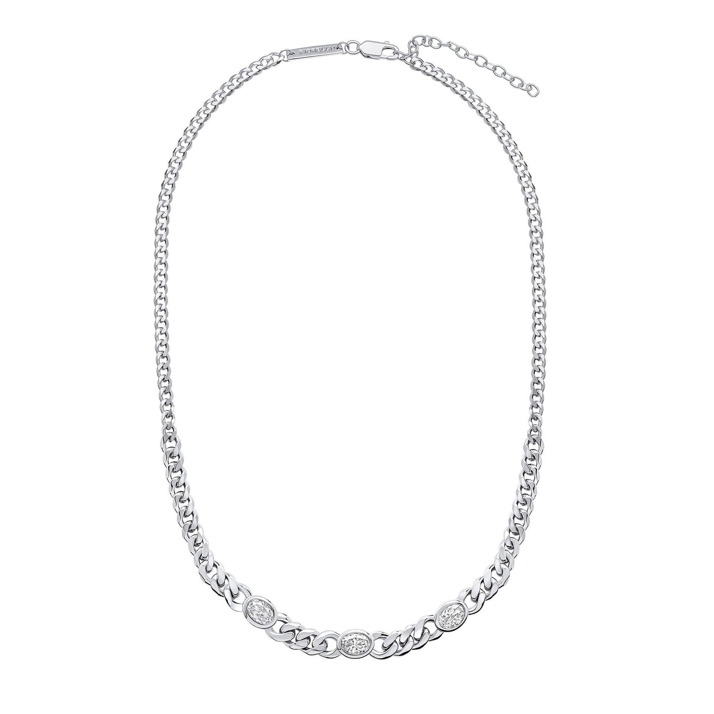 Silver Cubic Zirconia Fiorelli Chain Necklace IMG_0042 on a white background, featuring a sleek and modern chain design adorned with sparkling cubic zirconia accents, perfect for adding elegance and sophistication to any jewelry collection.