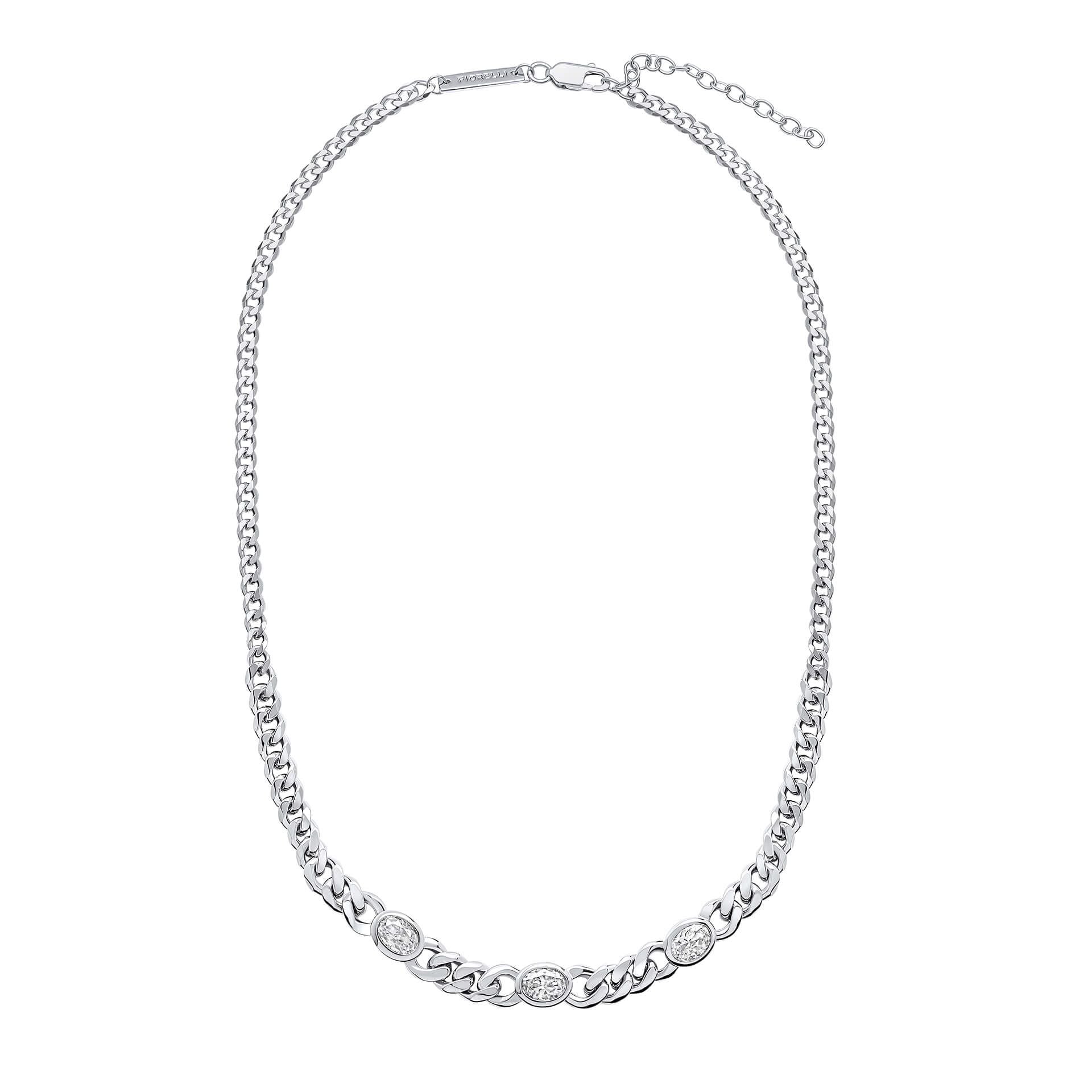 Silver Cubic Zirconia Fiorelli Chain Necklace IMG_0042 on a white background, featuring a sleek and modern chain design adorned with sparkling cubic zirconia accents, perfect for adding elegance and sophistication to any jewelry collection.