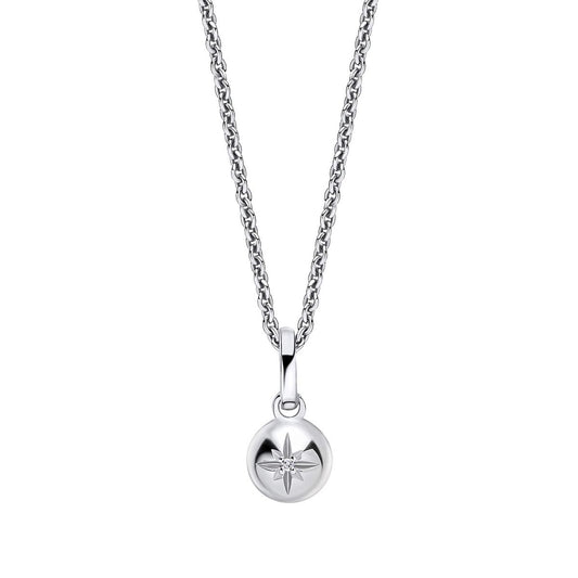 Children’s Silver and Diamond Star Sparkle Pendant Necklace IMG_0034 on a white background, featuring a delicate star-shaped design crafted in polished silver with a sparkling diamond accent, perfect for adding charm and elegance to a young jewelry collection.
