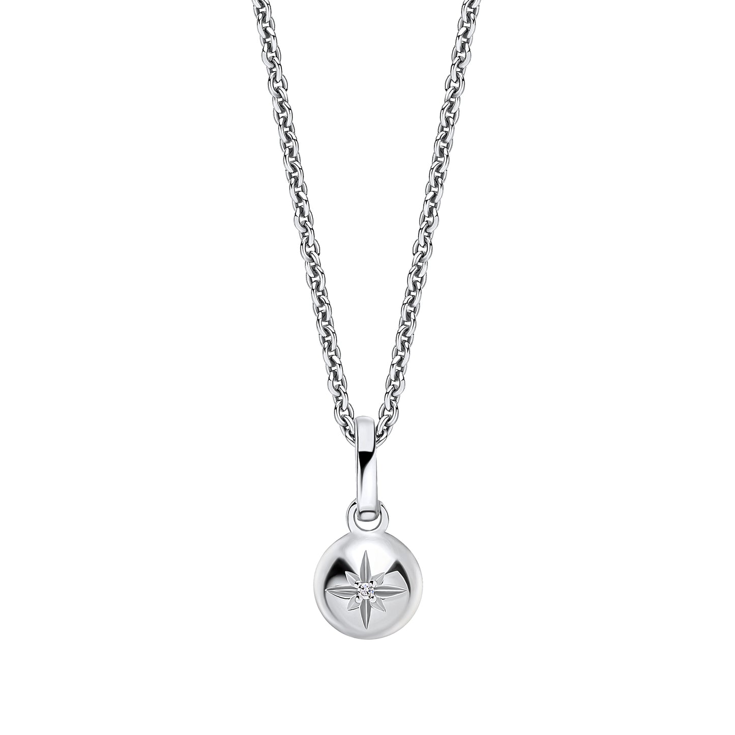 Children’s Silver and Diamond Star Sparkle Pendant Necklace on a white background, featuring a delicate star-shaped design crafted in polished silver with a sparkling diamond accent, perfect for adding charm and elegance to a young jewelry collection.