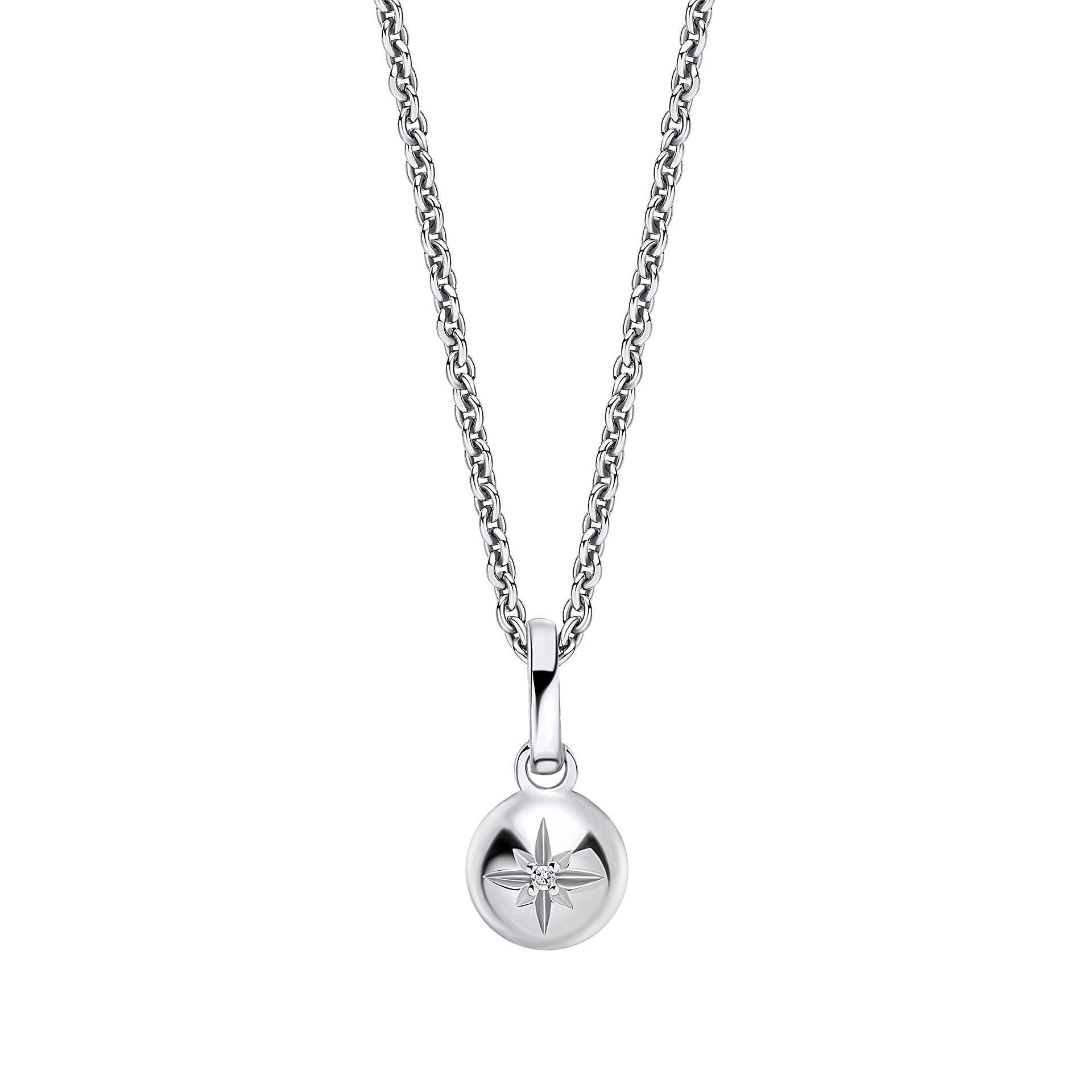 Children’s Silver and Diamond Star Sparkle Pendant Necklace on a white background, featuring a delicate star-shaped design crafted in polished silver with a sparkling diamond accent, perfect for adding charm and elegance to a young jewelry collection.