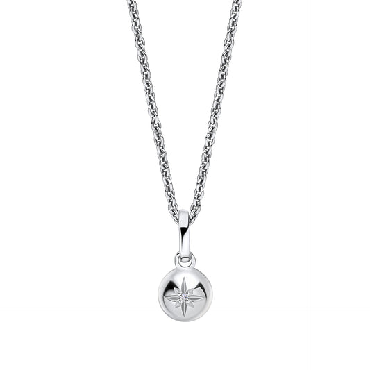 Children’s Silver and Diamond Star Sparkle Pendant Necklace on a white background, featuring a delicate star-shaped design crafted in polished silver with a sparkling diamond accent, perfect for adding charm and elegance to a young jewelry collection.