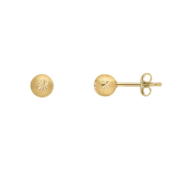 Starburst Detail Ball Stud Earrings in 9ct Gold ge2468 on a white background, featuring a polished gold ball design with intricate starburst detailing, perfect for adding elegance and subtle sparkle to any jewelry collection.