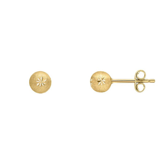 Starburst Detail Ball Stud Earrings in 9ct Gold ge2468 on a white background, featuring a polished gold ball design with intricate starburst detailing, perfect for adding elegance and subtle sparkle to any jewelry collection.
