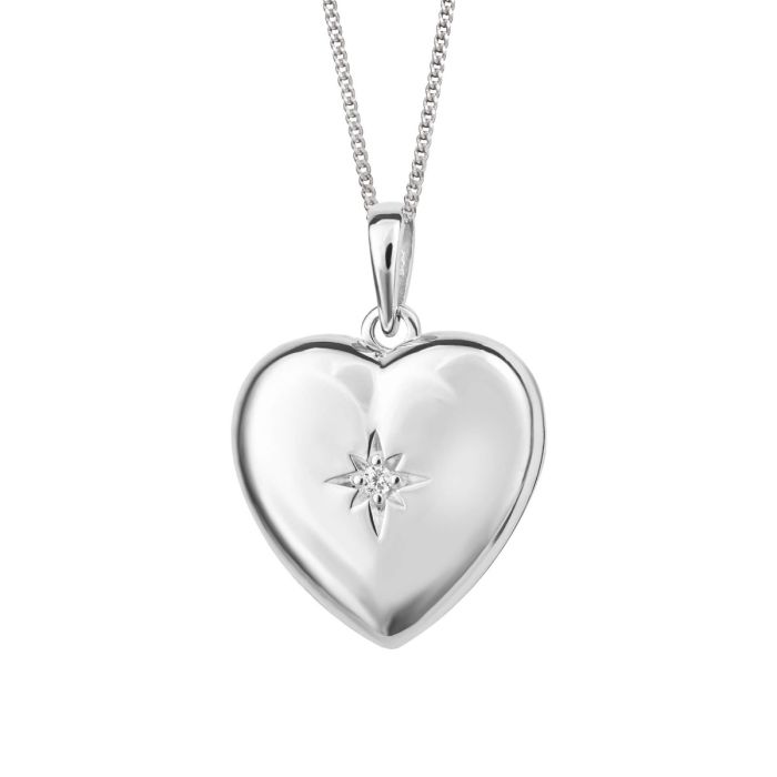 Silver Starburst Heart Locket Pendant necklace on a white background