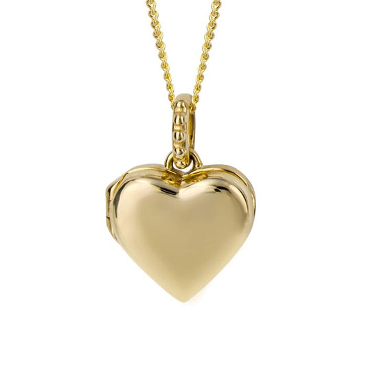 Gold heart-shaped locket on a chain, Stippled Bale Gold Heart Locket Necklace, against a white background
