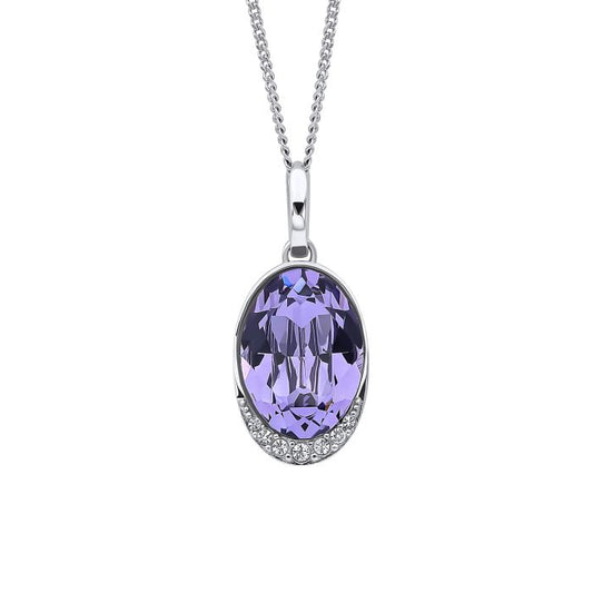 Tanzanite Purple Crystal Necklace p5328m on a white background, featuring a stunning tanzanite-colored crystal pendant with sparkling cubic zirconia accents, perfect for adding elegance and a vibrant touch of color to any outfit.