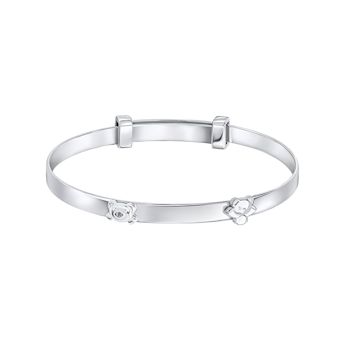Teddy Bear Peekaboo Expanding silver Bangle with Diamond b5484 on a white background, featuring an adorable teddy bear design with a sparkling diamond accent. perfect as a timeless keepsake for babies and children.