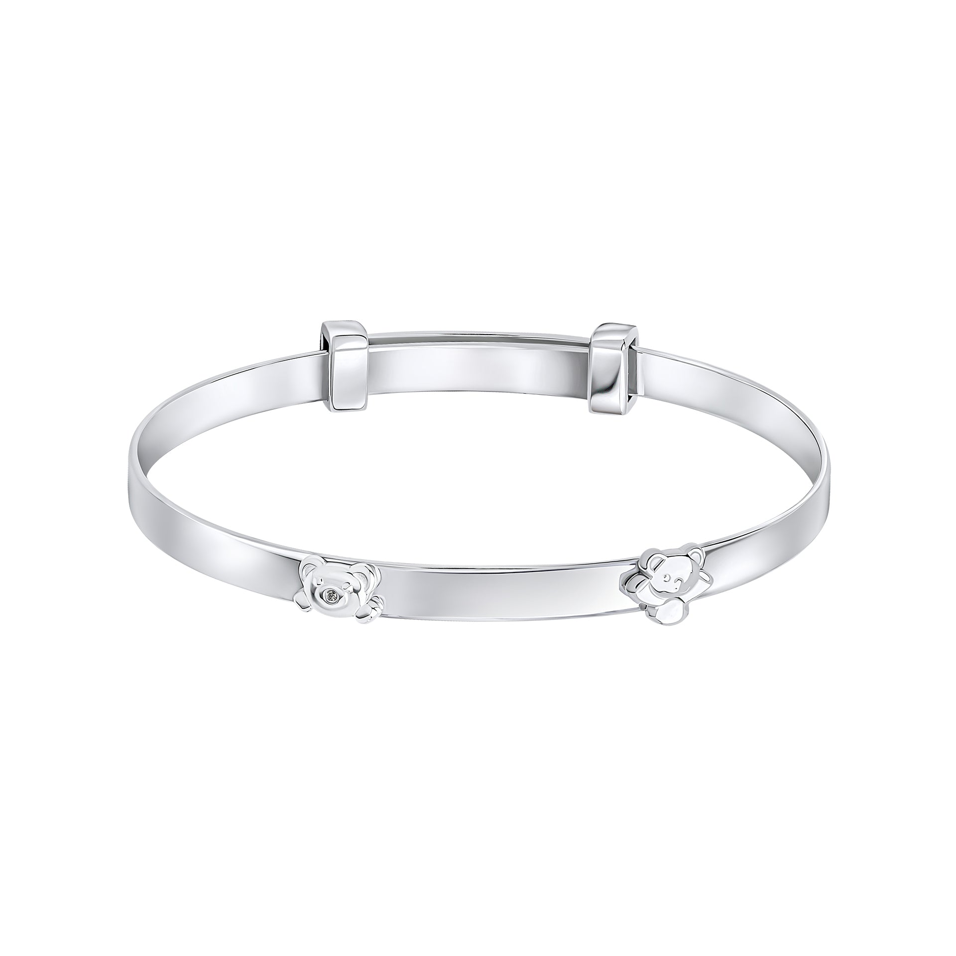 Teddy Bear Peekaboo Expanding silver Bangle with Diamond b5484 on a white background, featuring an adorable teddy bear design with a sparkling diamond accent. perfect as a timeless keepsake for babies and children.