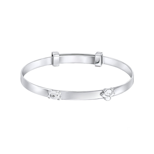 Teddy Bear Peekaboo Expanding silver Bangle with Diamond b5484 on a white background, featuring an adorable teddy bear design with a sparkling diamond accent. perfect as a timeless keepsake for babies and children.