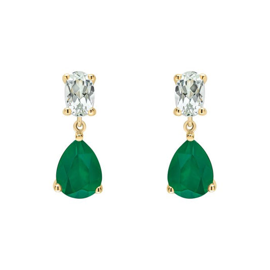  Toi et Moi Amethyst and Onyx Drop Earrings in 9ct Gold ge2476g on a white background, featuring a striking deep purple amethyst and bold black onyx gemstone set in polished 9ct gold, symbolizing unity and contrast, perfect for adding elegance and sophistication to any jewelry collection.