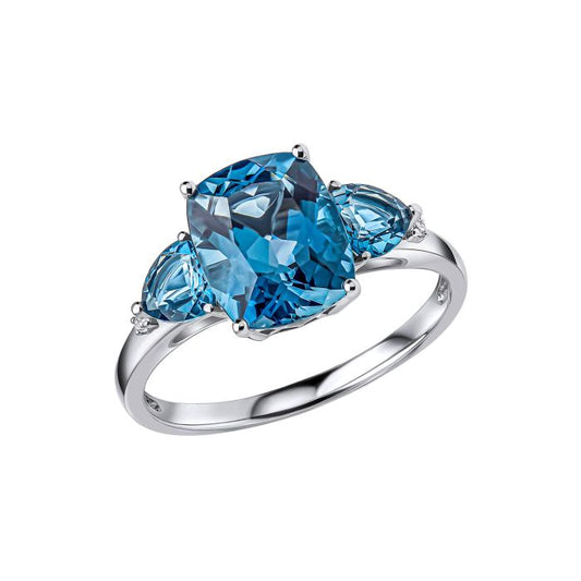 Trilogy Blue Topaz Ring in 9ct Gold, featuring three stunning blue topaz gemstones set in polished 9ct gold, symbolizing past, present, and future, perfect for adding elegance and meaning to any jewelry collection.