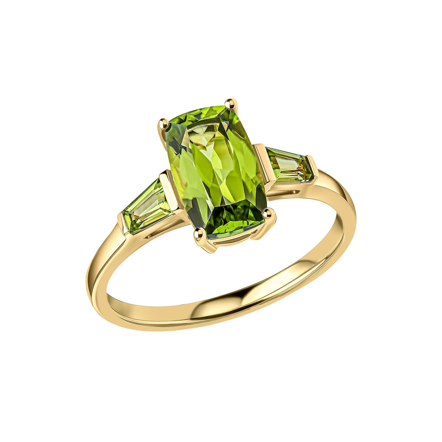Trilogy Peridot 9ct Gold ring with green gemstones on a white background