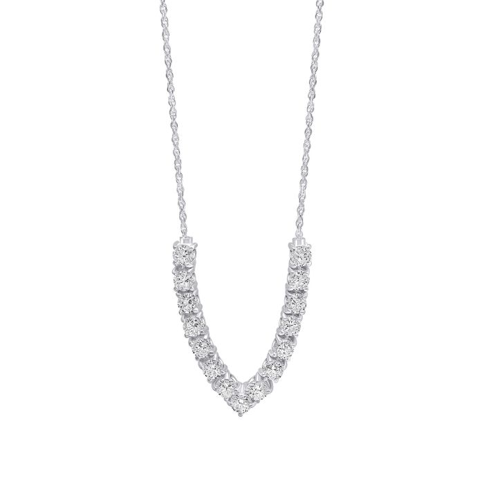 cubic zirconia necklace in V-shaped silver necklace on a white background