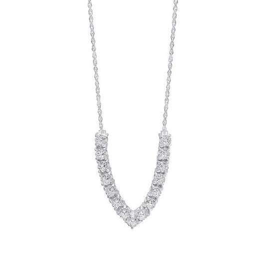 cubic zirconia necklace in V-shaped silver necklace on a white background