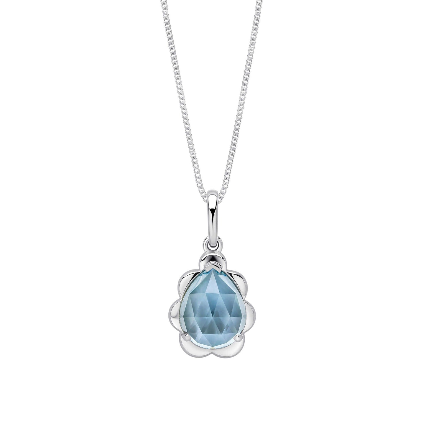 White Gold Sky Blue Topaz Flower Bud Pendant necklace on white background