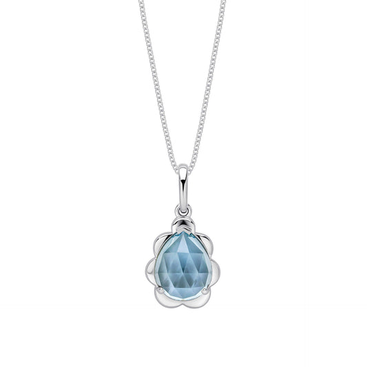 White Gold Sky Blue Topaz Flower Bud Pendant necklace on white background