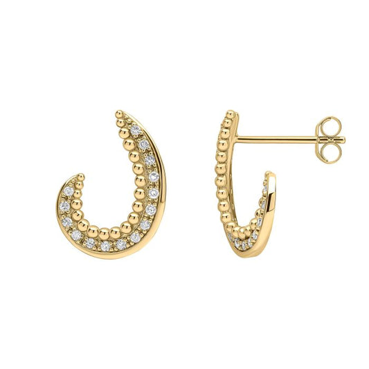 A front view and side view of a paid of Diamond and Stippled Edge Swirl Earrings, 9ct Gold on a white background