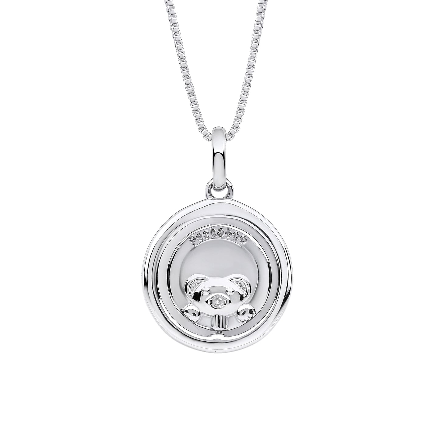 back of Children’s Silver Teddy Bear Necklace on a white background, featuring a charming teddy bear pendant crafted in polished silver, perfect as a timeless and adorable keepsake for babies and young children.