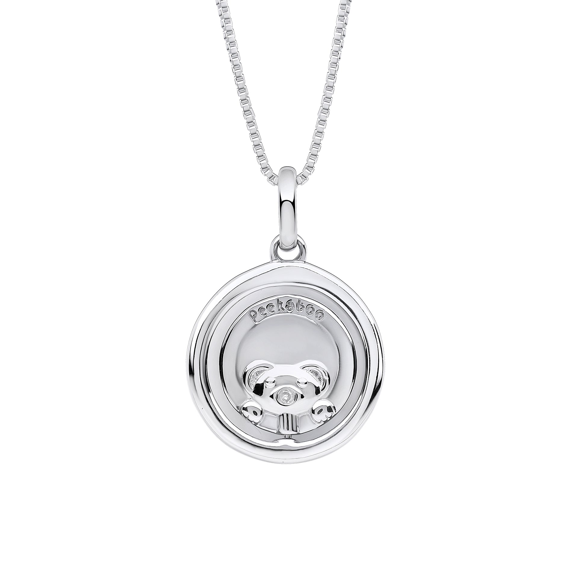 back of Children’s Silver Teddy Bear Necklace on a white background, featuring a charming teddy bear pendant crafted in polished silver, perfect as a timeless and adorable keepsake for babies and young children.