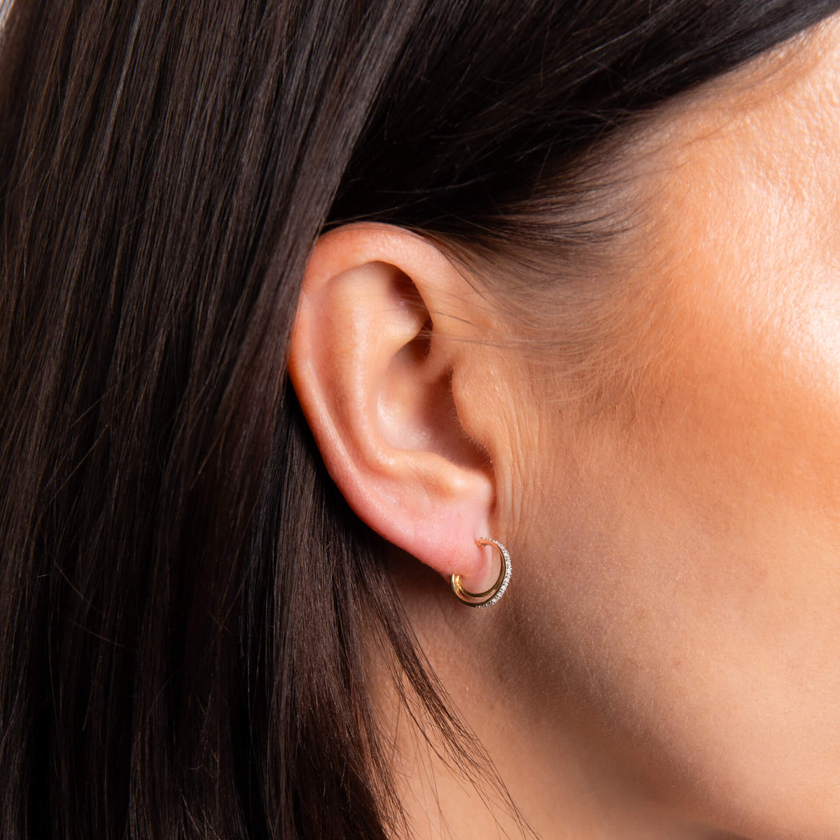close up of ear wearing 9ct Gold Diamond Double Hoop Earring