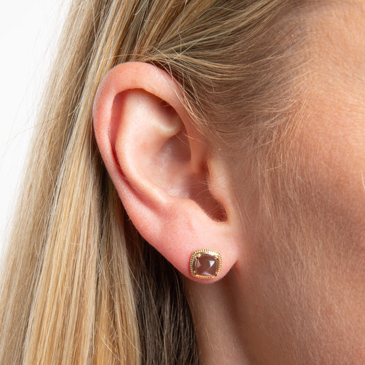 close up of ear wearing Gold Sugarloaf Cut Chocolate Moonstone earring