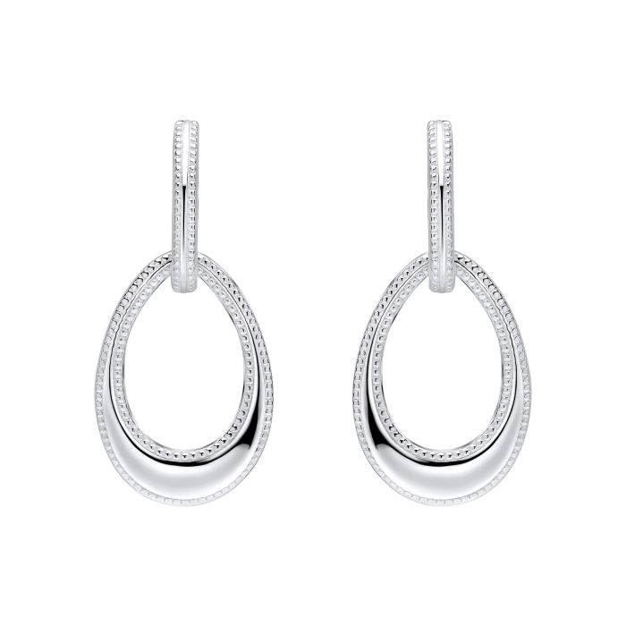 Pair of Open Tear drop Silver Earrings with Mille grain Edge on a white background