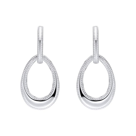 Pair of Open Tear drop Silver Earrings with Mille grain Edge on a white background