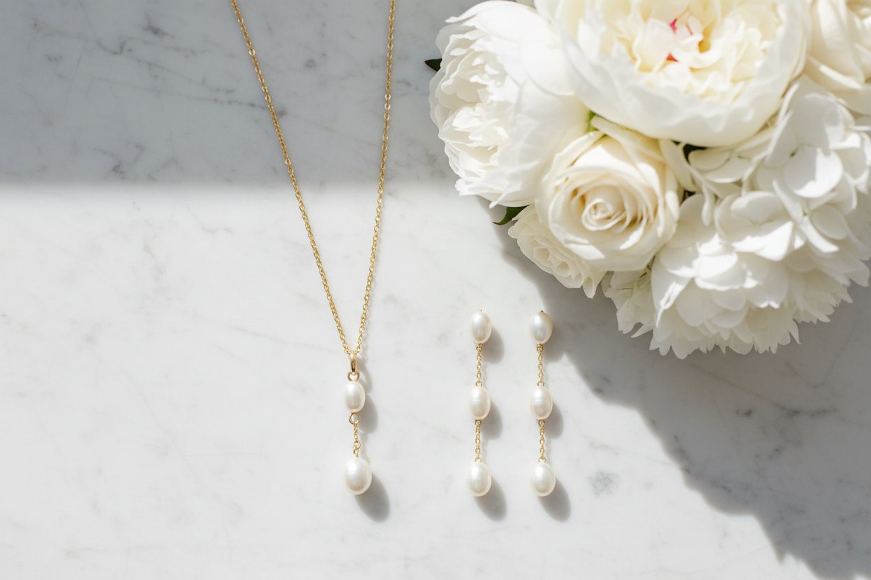 9ct gold freshwater pearl tier drop necklace and earrings set laid out on a white surface with a bridal bouquet, wedding jewellery by Silverage London