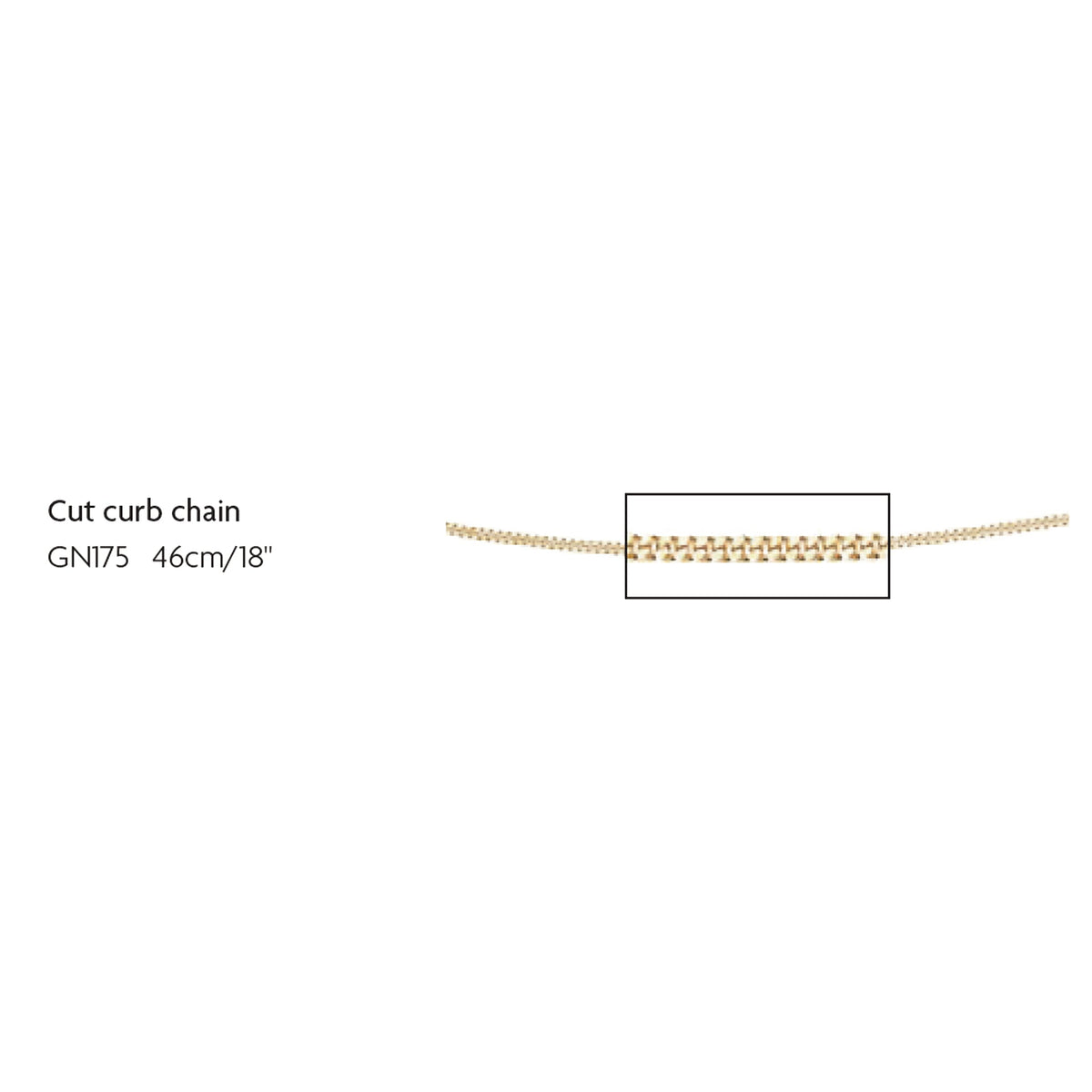 gold diamond cut curb chain on white background with measurement details GN175 46cm/18"