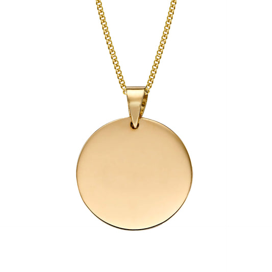 Gold round tag pendant engravable necklace on a white background