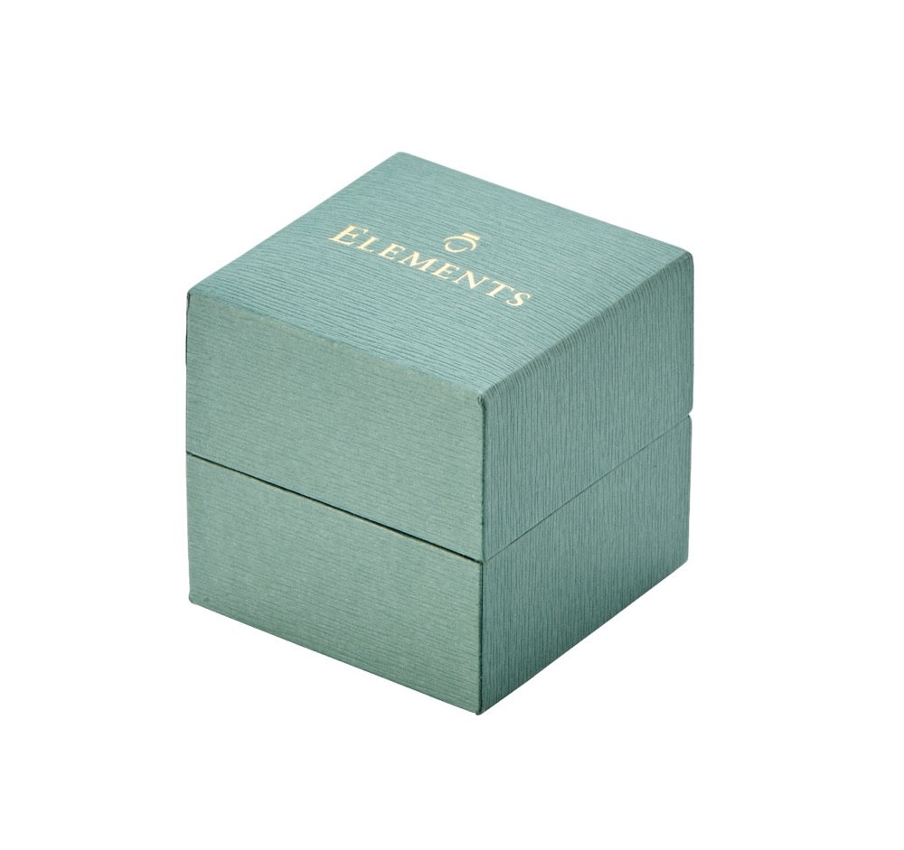 Teal jewelry box with 'ELELEMENTS' logo on a white background. jewellery box that all gold jewellery arrive in when purchased from Silverage London complimentary box