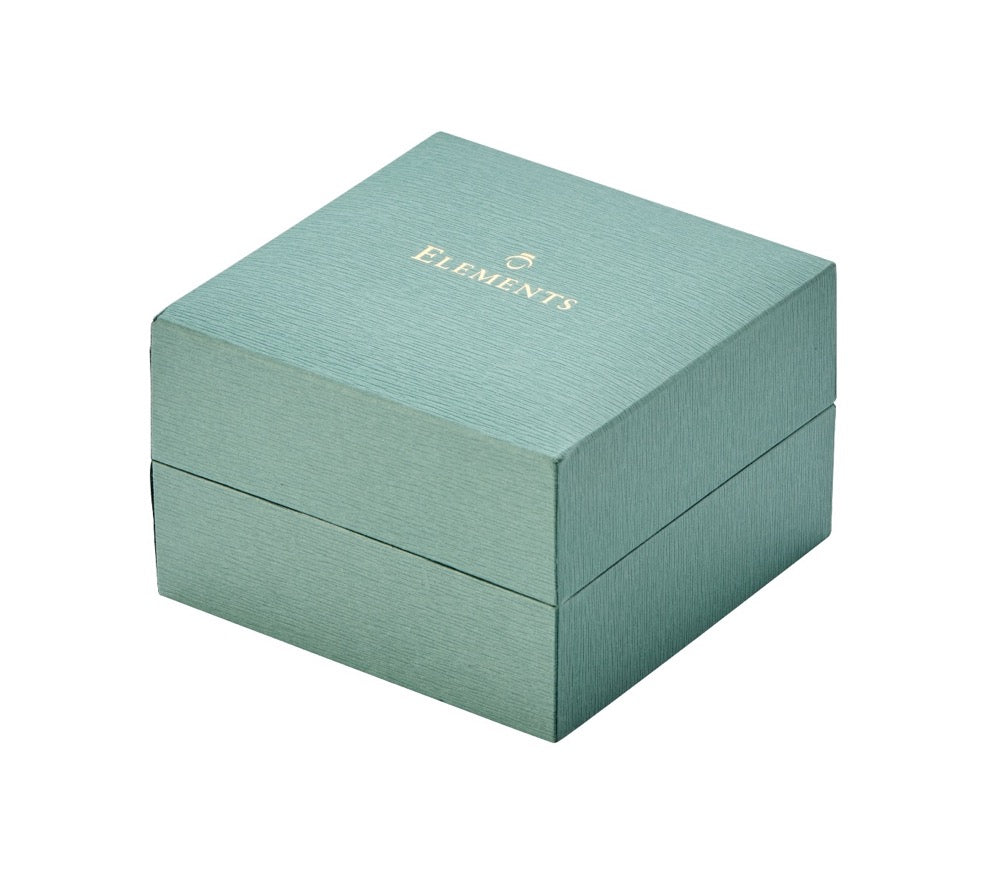 Teal jewelry box with 'ELELEMENTS' logo on a white background. jewellery box that all gold jewellery arrive in when purchased from Silverage London complimentary box