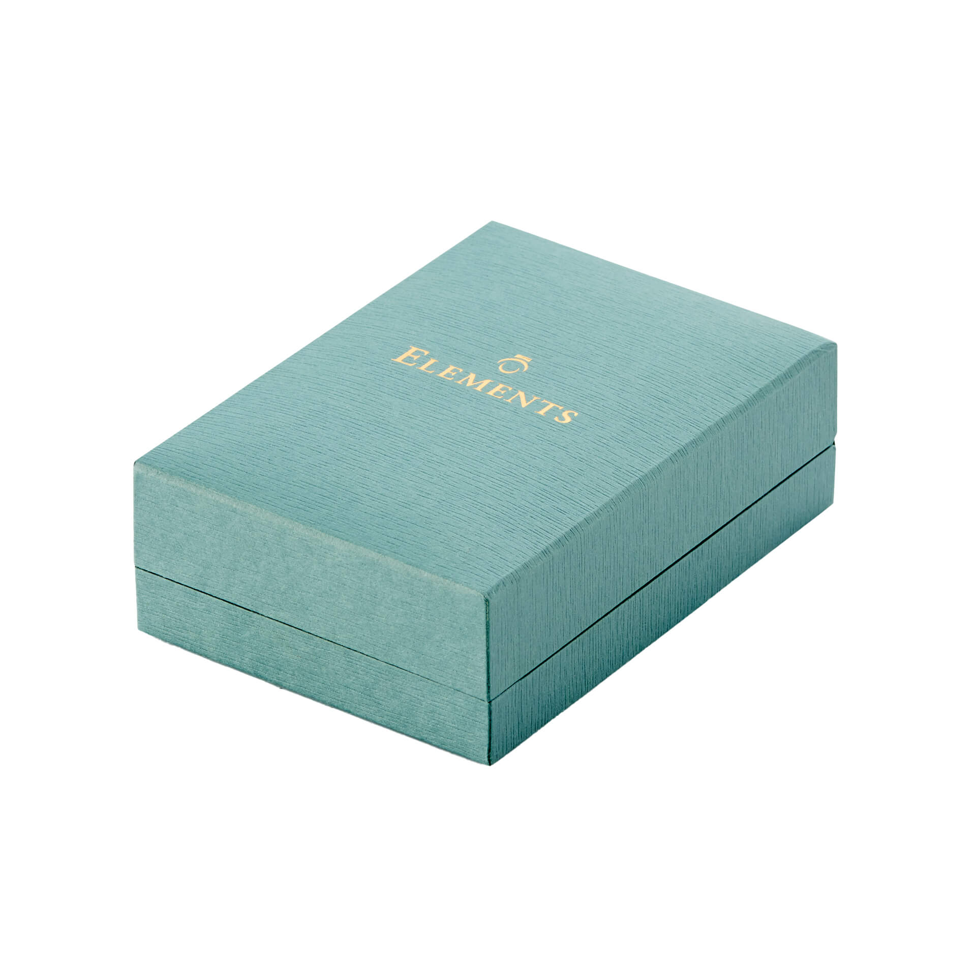 Teal jewelry box with 'ELELEMENTS' logo on a white background. jewellery box that all gold jewellery arrive in when purchased from Silverage London complimentary box