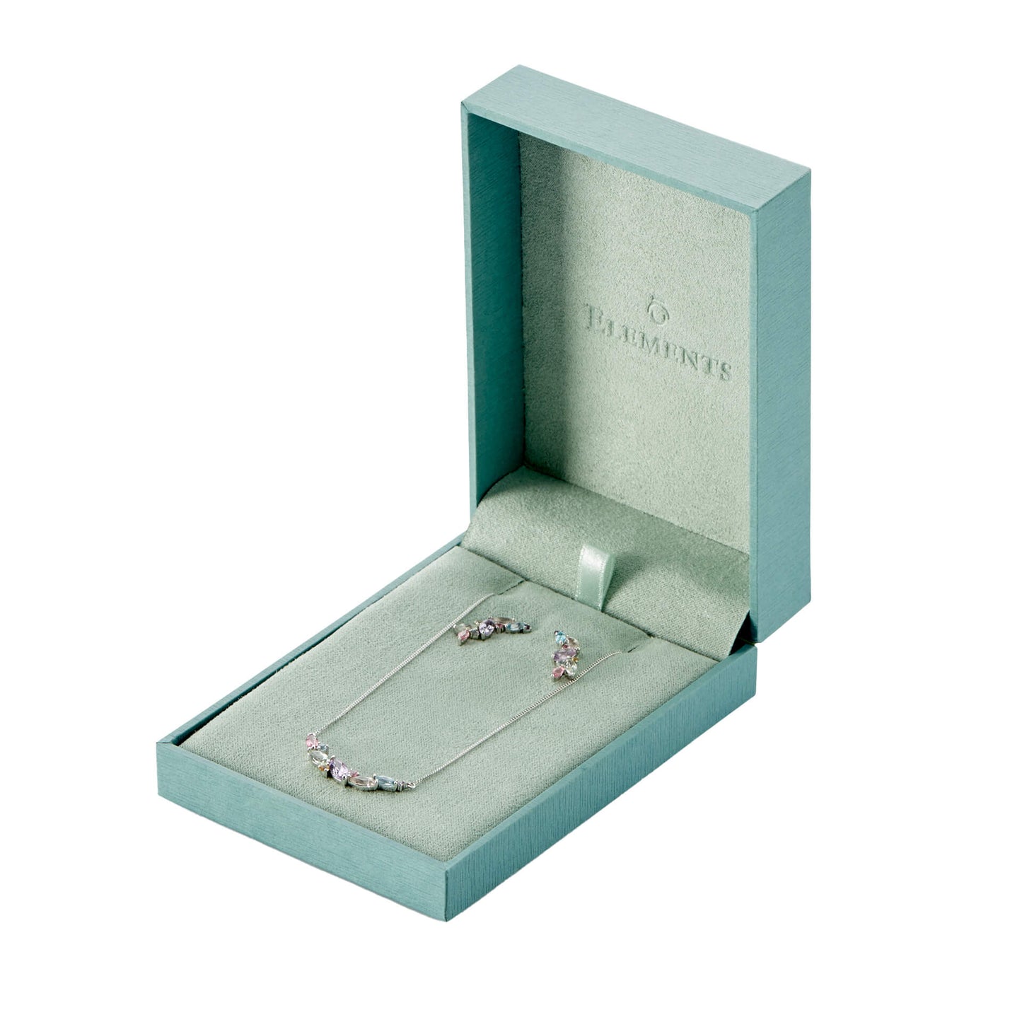 Teal jewelry box with 'ELELEMENTS' logo on a white background. jewellery box that all gold jewellery arrive in when purchased from Silverage London complimentary box