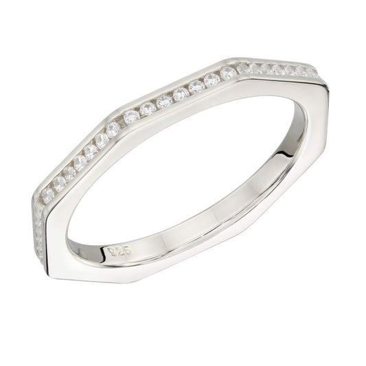Octangle Silver Ring with Cubic Zirconia r3796c on a white background, featuring a geometric octagonal design and sparkling stone accents, perfect for modern and elegant jewelry styling.